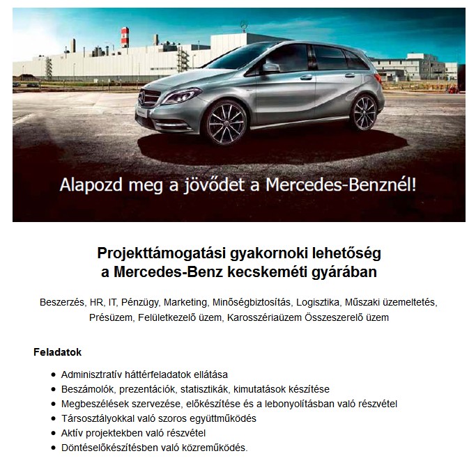 Gyakornoki lehetőség a Mercedes-Benz Manufacturing Hungary Kft.-nél